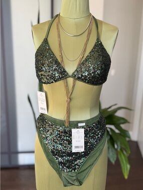 Olive Green Sequin Bikini Set NWT | Glam Sparkly Swimwear | High Cut Triangle